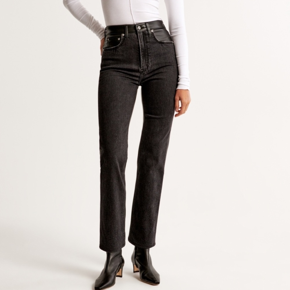 Mixed fabric ankle high rise straight jean